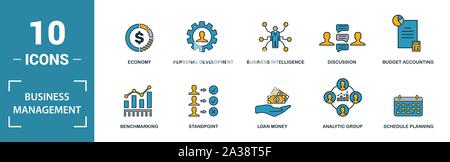 Business Management icon set. Include creative elements expert opinion, budget balance, sponsor, discussion, key event icons. Can be used for report Stock Vector