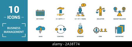 Business Management icon set. Include creative elements expert opinion, budget balance, sponsor, discussion, key event icons. Can be used for report Stock Vector