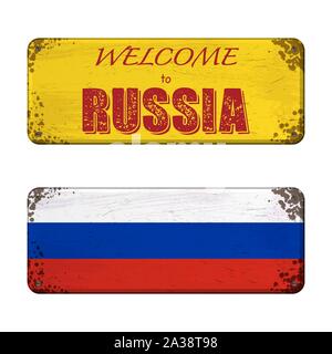 Two grunge nameplates with Russia flag and welcome text Stock Vector