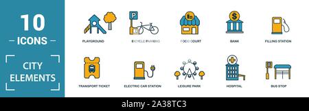 City Elements icon set. Include creative elements restroom sign, public park, bicycle parking, hostel, playground icons. Can be used for report Stock Vector