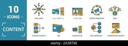 Content icon set. Include creative elements cms, content plan, digital content, viral marketing, media plan icons. Can be used for report Stock Vector