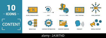 Content icon set. Include creative elements cms, content plan, digital content, viral marketing, media plan icons. Can be used for report Stock Vector
