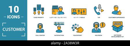 Customer Service icon set. Include creative elements agent console, case priority, satisfaction, helpdesk, knowledge base icons. Can be used for Stock Vector