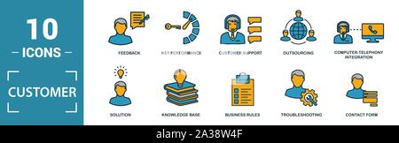 Customer Service icon set. Include creative elements agent console, case priority, satisfaction, helpdesk, knowledge base icons. Can be used for Stock Vector