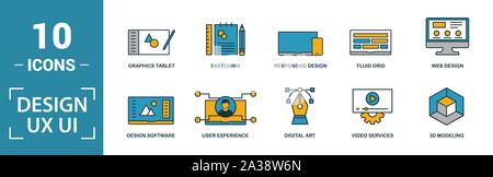 Ui icon set. Include creative elements search, done, thumb up, zoom out, volume up icons. Can be used for report, presentation, diagram, web design Stock Vector