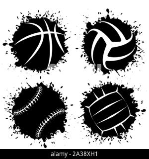 Set of four black grunge circle splashes with white outline sport balls silhouettes Stock Vector