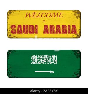 Two old grunge nameplates with Saudi Arabia flag and welcome text isolated on white background Stock Vector