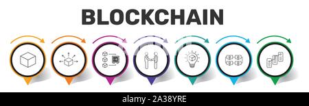 Blockchain Infographics vector design. Timeline concept include block, distribution, proof of stake icons. Can be used for report, presentation Stock Vector