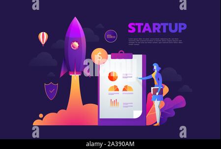 Startup launching process isometric infographic technology online. Business concept vector. Rocket space ship taking off with micro creative people. Stock Vector