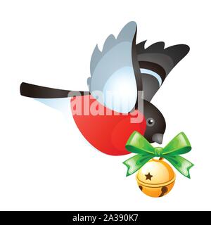 Flying bullfinch is bringing golden jingle bells isolated on white background. Sketch of Christmas festive poster, party invitation, other holiday Stock Vector