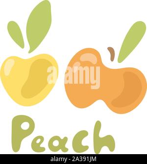 Peach and leaf vector icons. Cute and simple design with doodle childish text Stock Vector