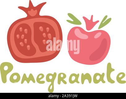 Pomegranate design icon. Juicy fresh fruit vector template. Kawaii pomegranate with text title Stock Vector