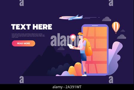 Young smile happy man tourist using mobile navigation system on his smartphone. Isolated illustration. Creative travel concept. Stock Vector