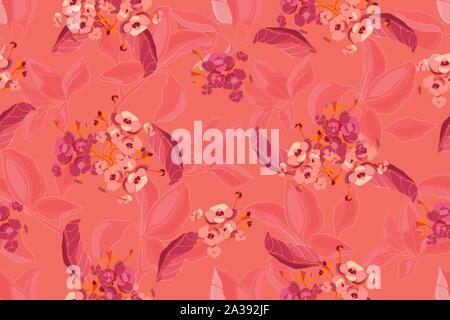 Vector floral pattern on coral color background. Stock Vector
