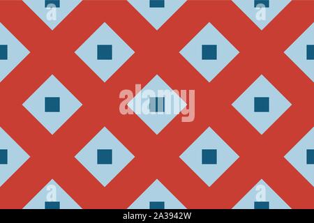 Vector seamless geometric pattern. Shaped light blue and dark blue squares on red background. Stock Vector