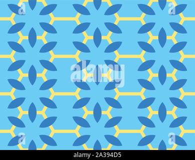 Vector seamless geometric pattern. Shaped yellow hexagons and dark blue flowers on light blue background. Stock Vector
