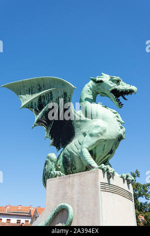 Dragon Statue on The Dragon Bridge, Old Town, Ljubljana, Slovenia Stock Photo