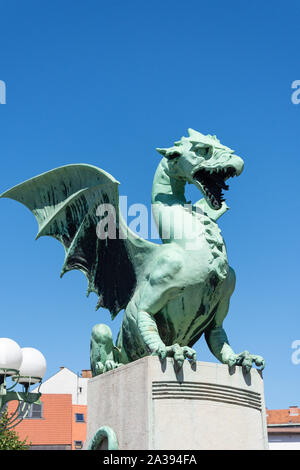 Dragon Statue on The Dragon Bridge, Old Town, Ljubljana, Slovenia Stock Photo