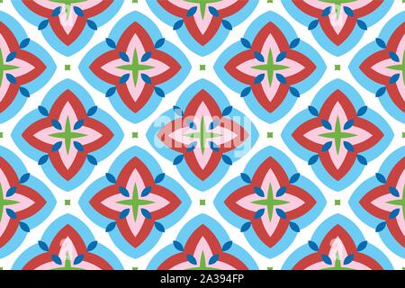 Vector seamless geometric pattern. Shaped rounded blue diamonds and blue, red, pink, green stars and squares on white background. Stock Vector