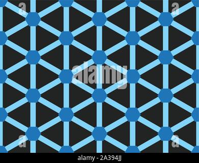 Vector seamless geometric pattern. Shaped blue hexagons and light blue lines on black background. Stock Vector