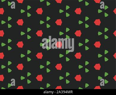 Vector seamless geometric pattern. Shaped red hexagons, green triangles on black background. Stock Vector
