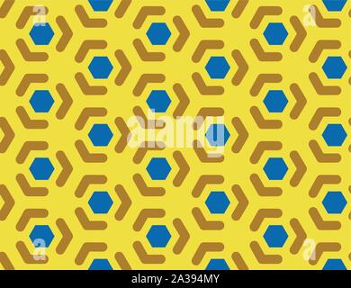 Vector seamless geometric pattern. Shaped blue hexagons, brown lines, arrows on yellow background. Stock Vector