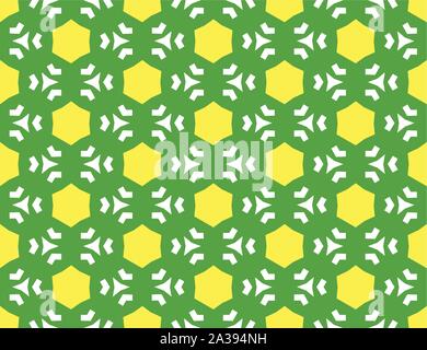 Vector seamless geometric pattern. Shaped yellow hexagons, white lines and triangles on green background. Stock Vector