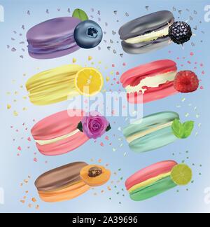 3D realistic colorful macaroons. Sweet french macaroons with raspberry, lemon, blackberry, blueberry, rose, lime, apricot, mint in motion isolated on Stock Vector