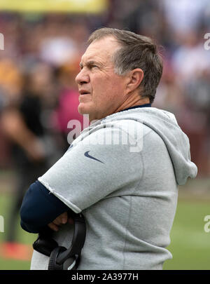 Landover, United States Of America. 06th Oct, 2019. New England Patriots head coach Bill Belichick prior to the game against the Washington Redskins at FedEx Field in Landover, Maryland on Sunday, October 6, 2019.Credit: Ron Sachs/CNP Photo via Credit: Newscom/Alamy Live News