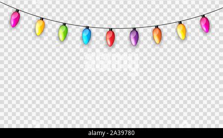 Multicolored Garland Lamp Bulbs Festive Isolated on Transparent Background Vector Illustration Stock Vector