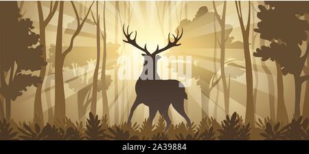 DeerSilhouette in rays of sunlight on Deep Forest Background. Horizontal vector Illustration Stock Vector