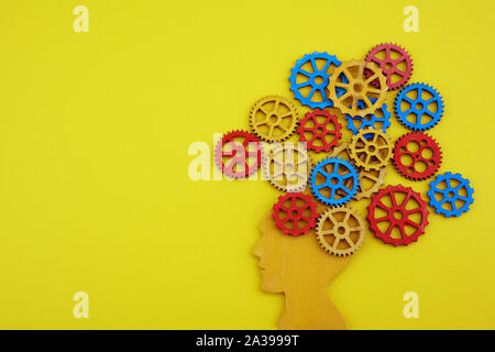 Head and brain gears in progress. Concept of human thinking. Top view Stock Photo