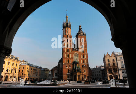 Krakow, Poland. St. Mary's Basilica, founded by Casimir III the Great. It was built in the 14th century unless its foundations are dated back to the early 13th century. Polish Gothic style. Stock Photo