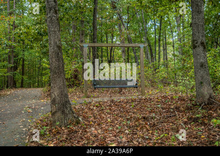 Empty park bench swing on the trails in the woods overlooking the views with autumn leaves on the ground Stock Photo