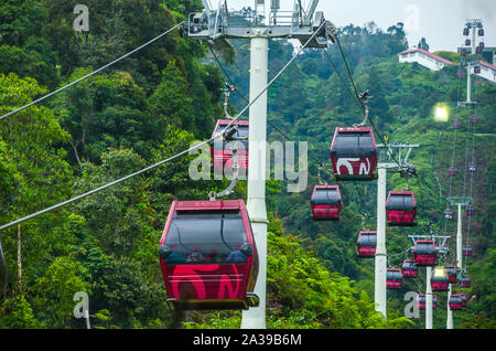 PAHANG, MALAYSIA - DECEMBER 18, 2018: Cable car at Genting Skyway in Malaysia. It is a gondola lift connecting Gohtong Jaya and Resorts World Genting. Stock Photo