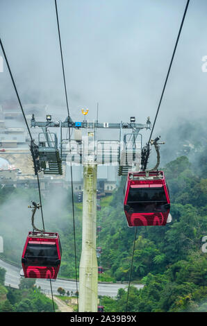 PAHANG, MALAYSIA - DECEMBER 18, 2018: Cable car at Genting Skyway in Malaysia. It is a gondola lift connecting Gohtong Jaya and Resorts World Genting. Stock Photo
