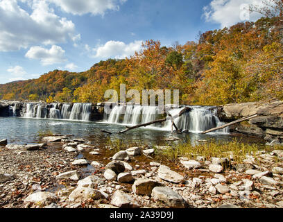 Sandstone Falls, a series of broad but not high waterfalls on wide stretch of the New River in Sandstone Falls State Park in West Virginia Stock Photo