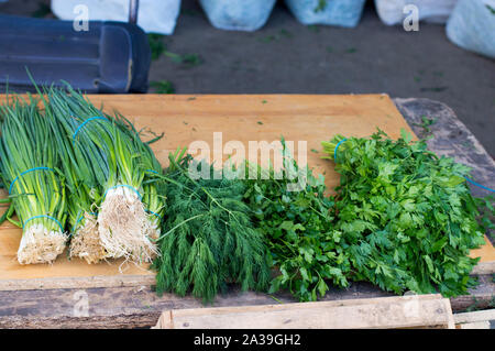 Vegetables for salad dill with parsley and onions on a wooden table ...