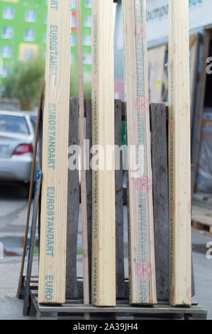 Wooden boards for floors and walls, are sold in the bazaar for building materials. Russia. Stock Photo