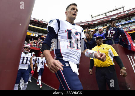 Landover, United States. 06th Oct, 2019. New England Patriots quarterback Tom Brady (12) enters the field for an NFL game against the Washington Redskins at FedEx Field in Landover, Maryland, Sunday, October 6, 2019. Photo by David Tulis/UPI Credit: UPI/Alamy Live News Stock Photo
