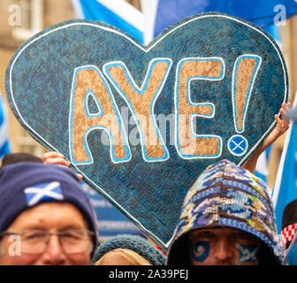 AYE - Thousands of Scottish Independence supporters took part in an 'All Under One Banner - AUOB' rally - Edinburgh, Scotland, UK - 05 October 2019 Stock Photo