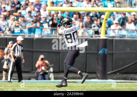 Charlotte, North Carolina, USA. 6th Oct, 2019. Jacksonville Jaguars tight end James O'Shaughnessy (80) during game action at Bank of America Stadium. The Panthers beat the Jaguars 34-27. Credit: Jason Walle/ZUMA Wire/Alamy Live News Stock Photo