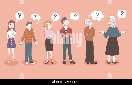 People - Teen Girl, Boy, Woman, Man, Old Men, Old Woman - are Shrugging, Thinking Confused with a Curious Expression - I don t know. Emotion and Stock Vector