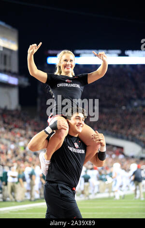 Columbus, Ohio, USA. 5th Oct, 2019. Ohio State Buckeyes cheerleader performs during the NCAA football game between the Michigan State Spartans & Ohio State Buckeyes at Ohio Stadium in Columbus, Ohio. JP Waldron/Cal Sport Media/Alamy Live News Stock Photo