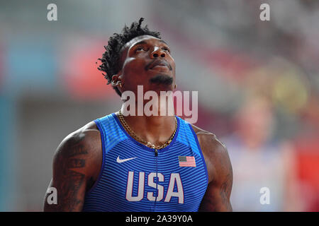 DOHA, QATAR. 06th Oct, 2019.  Fred Kerley of USA is focused prior competing in MenÕs 4x100m Relay Final during day 10 of the IAAF World Athletics Championships - Doha 2019 at Khalifa International Stadium on Sunday, October 06, 2019 in DOHA, QATAR. Credit: Taka G Wu/Alamy Live News Stock Photo