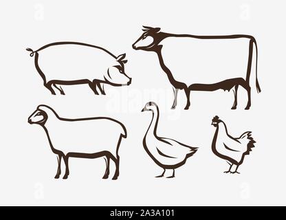 Farm animals set. Farming, husbandry vector illustration Stock Vector