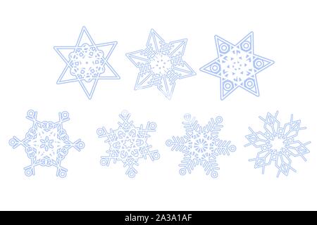 Snowflakes set for Christmas decoration design. Three six-star Outline symbol collection. Light Blue snowflake flat icon. Simple vector illustration. Stock Vector