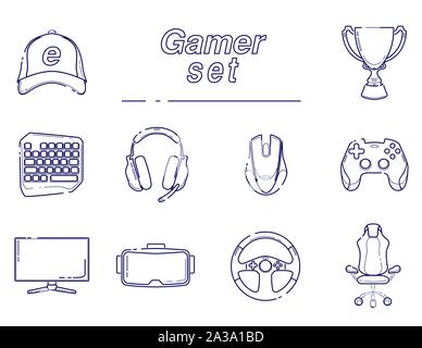 eSports set, Gaming gadgets, line set icon. Modern devices for video games, headset for virtual reality, equipment for gamers, joysticks, keypad on isolated white background Stock Vector