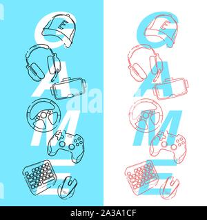 Gamer concept on blue and white background, linear Game Gadgets icons, esports elements in a vertical with title Game on back Stock Vector