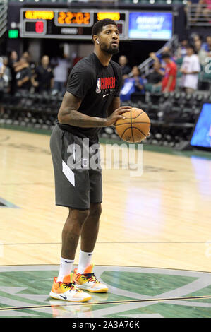 Honolulu, Hawaii. October 6, 2019 - Los Angeles Clippers forward Paul George #13 gets a workout in prior to a preseason game between the Los Angeles Clippers and the Shanghai Sharks at the Stan Sheriff Center on the campus of the University of Hawaii at Manoa in Honolulu, HI - Michael Sullivan/CSM Stock Photo